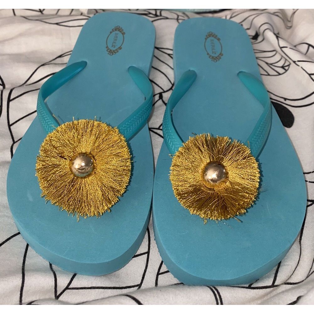 NEW Joyfolie AQUA Blue‎ GOLD Fringe Flower FLIP FLOPS Never Worn Sz 6